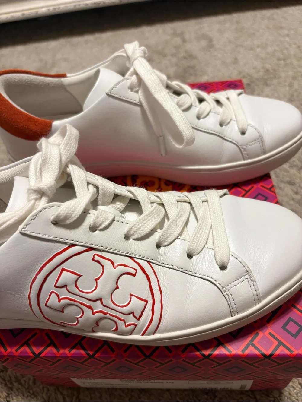Tory Burch White Leather Sneakers with Orange Heel Accent